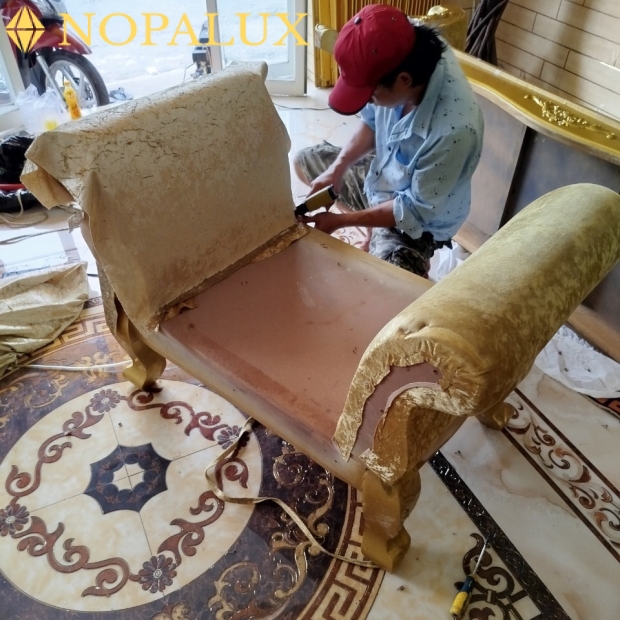 Sofa gỗ sồi nệm gối da NOPA 113w